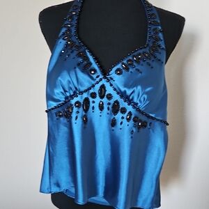 Adrianna Papell Blue Satin Halter Blouse
